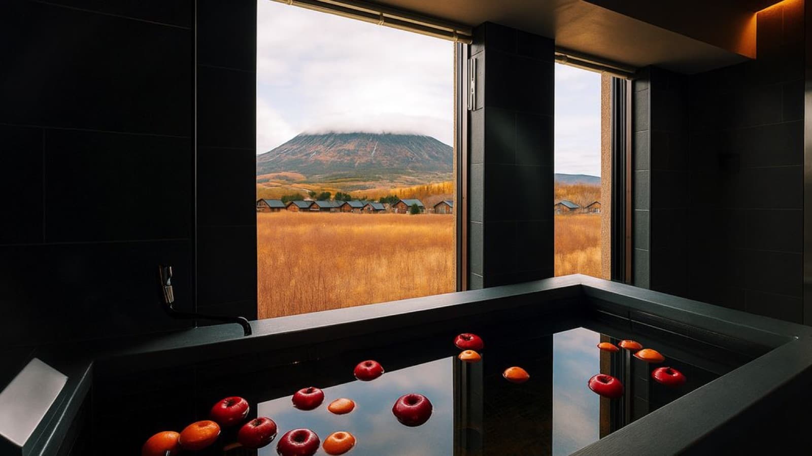 Private onsen — black stone bath, fruit floating, Mount Yotei view